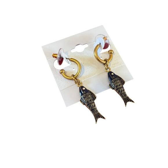 Zara Blue & Antique Gold Tone Drop Hoop Fish Earrings - Picture 2 of 5